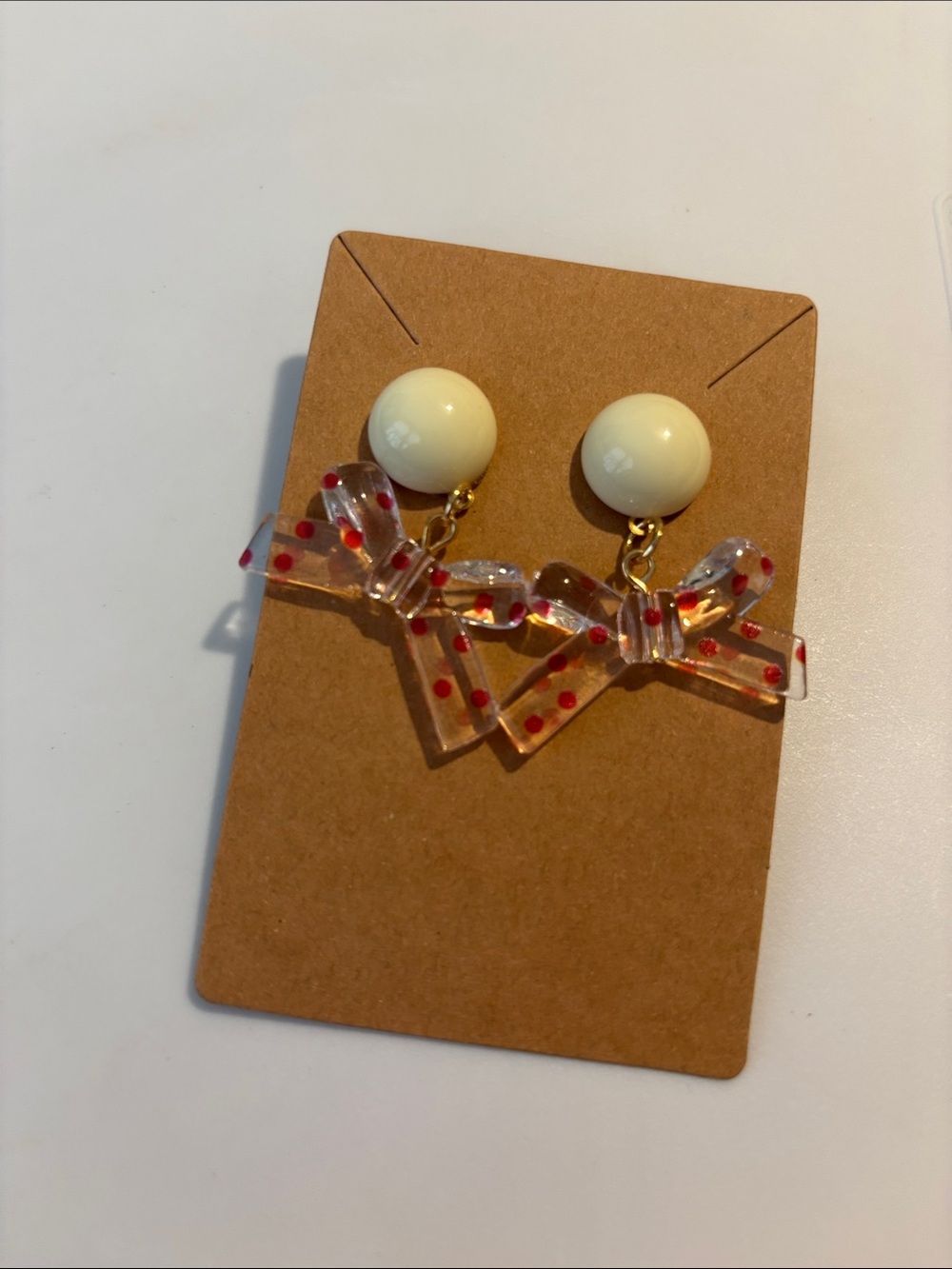 Fashion Jewelry Cream Stud Earrings with Clear Red-Polka Dot Bow Drops